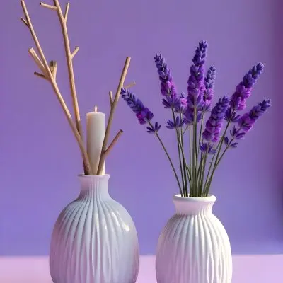 A Vase With Dry Branches And A Candle On The Left A Vase With Lavender On The Right Purple Background 7 62f9