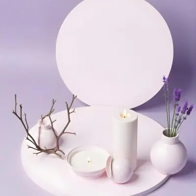 A Vase With Dry Branches And A Candle On The Left A Vase With Lavender On The Right Purple Background 8 9a01