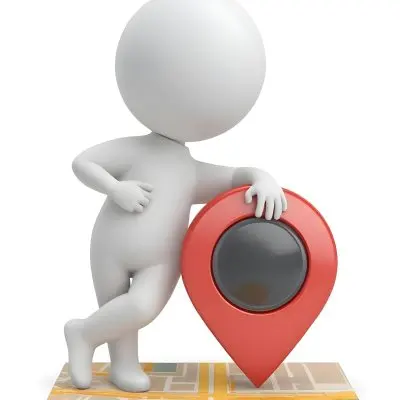 A White 3d Character Standing Next To A Large Red Map Pin Icon Suggesting A Navigation Concept In Daylight With A Cityscape 1 0202