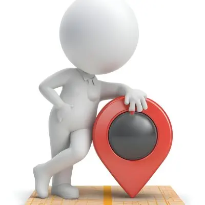 A White 3d Character Standing Next To A Large Red Map Pin Icon Suggesting A Navigation Concept In Daylight With A Cityscape 10 A537