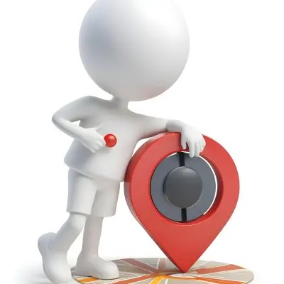 A White 3d Character Standing Next To A Large Red Map Pin Icon Suggesting A Navigation Concept In Daylight With A Cityscape 2 6a04