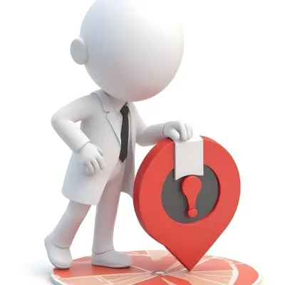 A White 3d Character Standing Next To A Large Red Map Pin Icon Suggesting A Navigation Concept In Daylight With A Cityscape 3 3beb