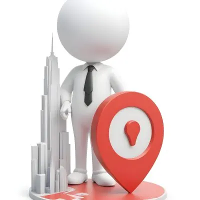 A White 3d Character Standing Next To A Large Red Map Pin Icon Suggesting A Navigation Concept In Daylight With A Cityscape 4 45d6
