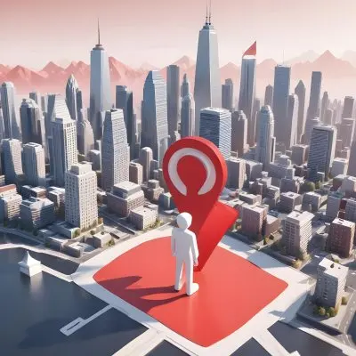 A White 3d Character Standing Next To A Large Red Map Pin Icon Suggesting A Navigation Concept In Daylight With A Cityscape 5 F5af