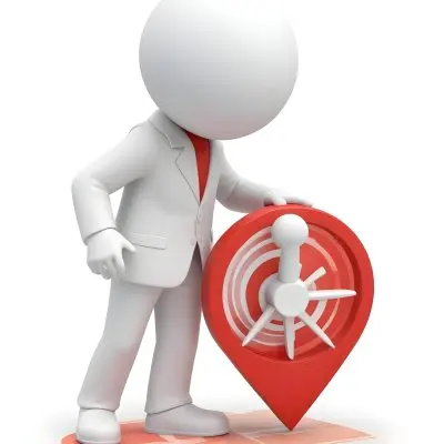 A White 3d Character Standing Next To A Large Red Map Pin Icon Suggesting A Navigation Concept In Daylight With A Cityscape 6 5da1