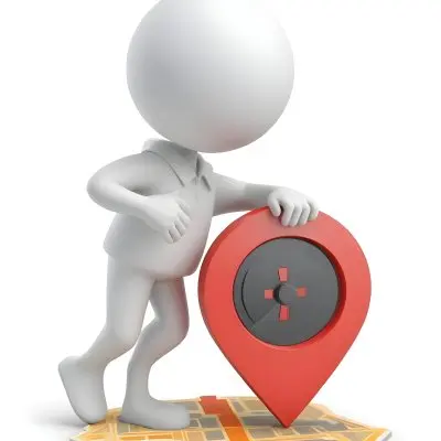 A White 3d Character Standing Next To A Large Red Map Pin Icon Suggesting A Navigation Concept In Daylight With A Cityscape 7 Adee