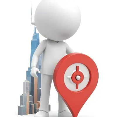 A White 3d Character Standing Next To A Large Red Map Pin Icon Suggesting A Navigation Concept In Daylight With A Cityscape 8 2ffe