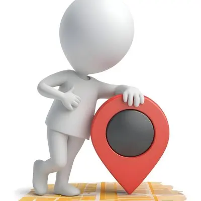 A White 3d Character Standing Next To A Large Red Map Pin Icon Suggesting A Navigation Concept In Daylight With A Cityscape 9 Fb74
