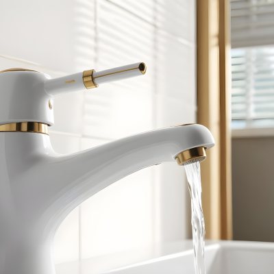 A White Faucet With Gold Accents Water Flowing Into A White Sink A Window With Blinds In The Background 1 A7b0