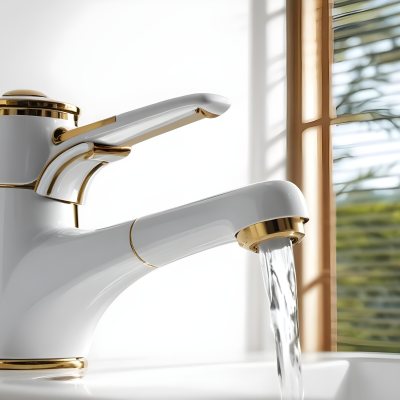 A White Faucet With Gold Accents Water Flowing Into A White Sink A Window With Blinds In The Background 10 94f3