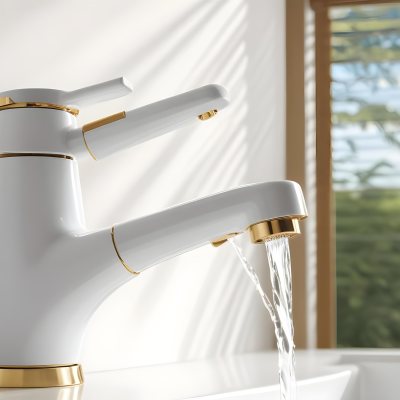 A White Faucet With Gold Accents Water Flowing Into A White Sink A Window With Blinds In The Background 11 26a3