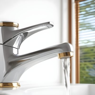 A White Faucet With Gold Accents Water Flowing Into A White Sink A Window With Blinds In The Background 12 D96a