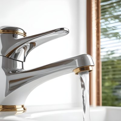 A White Faucet With Gold Accents Water Flowing Into A White Sink A Window With Blinds In The Background 14 5378