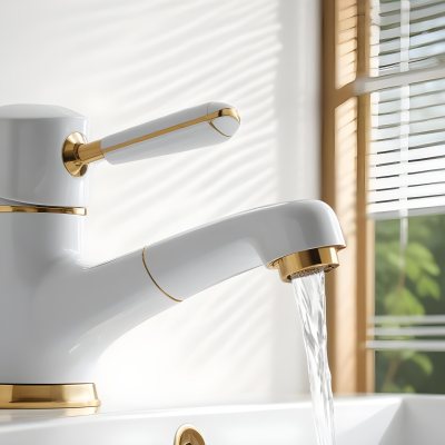 A White Faucet With Gold Accents Water Flowing Into A White Sink A Window With Blinds In The Background 16 A697