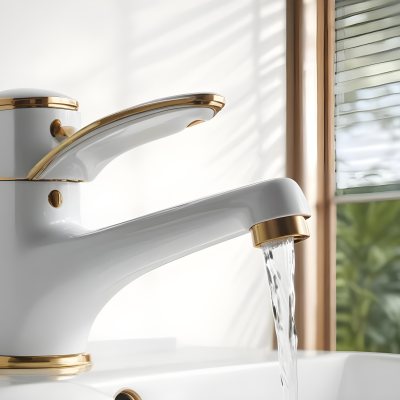 A White Faucet With Gold Accents Water Flowing Into A White Sink A Window With Blinds In The Background 2 C172