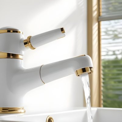 A White Faucet With Gold Accents Water Flowing Into A White Sink A Window With Blinds In The Background 20 9fcd