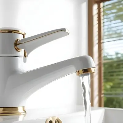 A White Faucet With Gold Accents Water Flowing Into A White Sink A Window With Blinds In The Background 21 953e