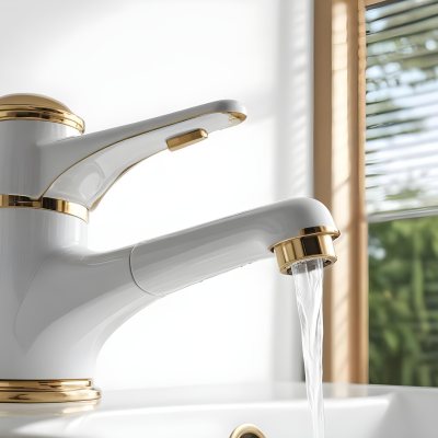 A White Faucet With Gold Accents Water Flowing Into A White Sink A Window With Blinds In The Background 24 2395