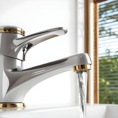 A White Faucet With Gold Accents Water Flowing Into A White Sink A Window With Blinds In The Background 25 Baf3