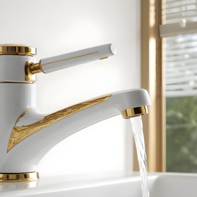 A White Faucet With Gold Accents Water Flowing Into A White Sink A Window With Blinds In The Background 4 7309