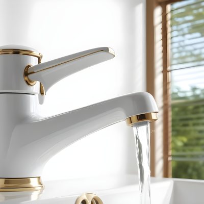 A White Faucet With Gold Accents Water Flowing Into A White Sink A Window With Blinds In The Background 5 4007