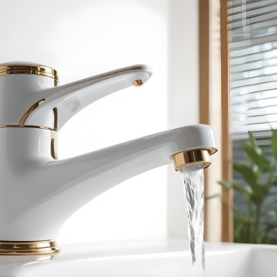 A White Faucet With Gold Accents Water Flowing Into A White Sink A Window With Blinds In The Background 8 2302