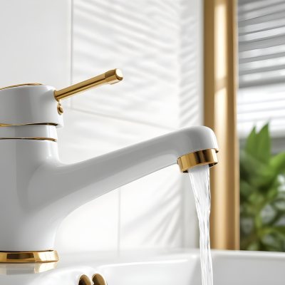 A White Faucet With Gold Accents Water Flowing Into A White Sink A Window With Blinds In The Background 9 Cd55