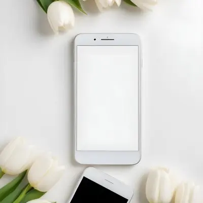 A White Smartphone With A Blank Screen Is Centered Among White Tulips And Green Leaves Creating A Floral Frame Around The Device The Background Is Light And Neutral Enhancing The Focus On The Phone And 6 7dcb
