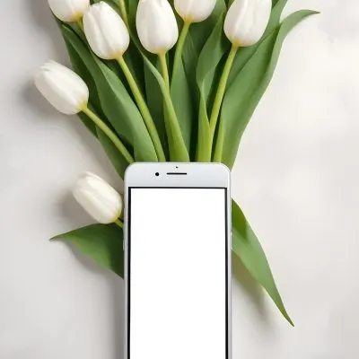 A White Smartphone With A Blank Screen Is Centered Among White Tulips And Green Leaves Creating A Floral Frame Around The Device The Background Is Light And Neutral Enhancing The Focus On The Phone And 7 D289