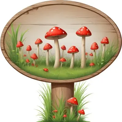 A Wooden Sign With An Oval Shape On A Wooden Pole Surrounded By Green Grass And Small Red Mushrooms Isolated On A White Background 13 8edf