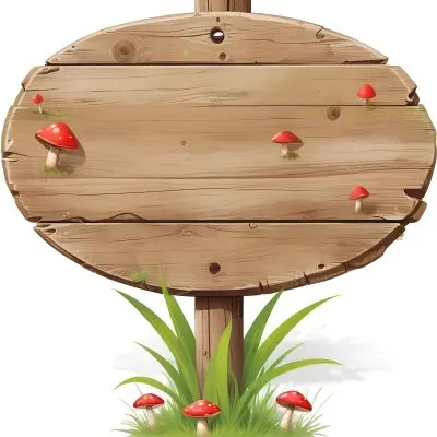 A Wooden Sign With An Oval Shape On A Wooden Pole Surrounded By Green Grass And Small Red Mushrooms Isolated On A White Background 16 2ab0