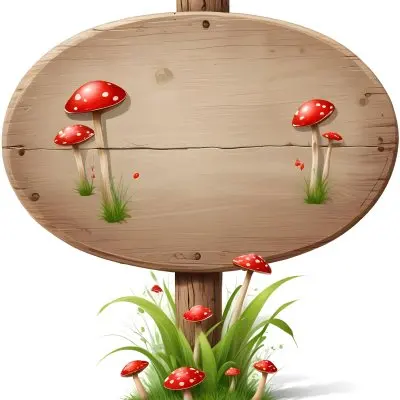 A Wooden Sign With An Oval Shape On A Wooden Pole Surrounded By Green Grass And Small Red Mushrooms Isolated On A White Background 19 268b