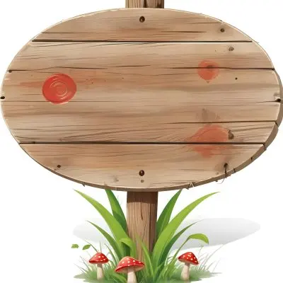 A Wooden Sign With An Oval Shape On A Wooden Pole Surrounded By Green Grass And Small Red Mushrooms Isolated On A White Background 20 C0ef