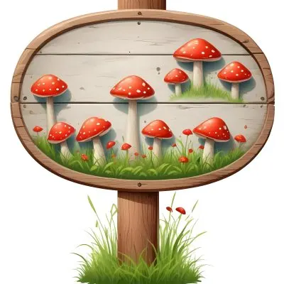 A Wooden Sign With An Oval Shape On A Wooden Pole Surrounded By Green Grass And Small Red Mushrooms Isolated On A White Background 27 9152