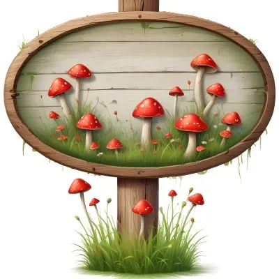 A Wooden Sign With An Oval Shape On A Wooden Pole Surrounded By Green Grass And Small Red Mushrooms Isolated On A White Background 32 1ccd