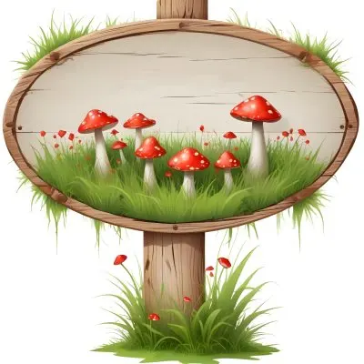 A Wooden Sign With An Oval Shape On A Wooden Pole Surrounded By Green Grass And Small Red Mushrooms Isolated On A White Background 34 9ea3