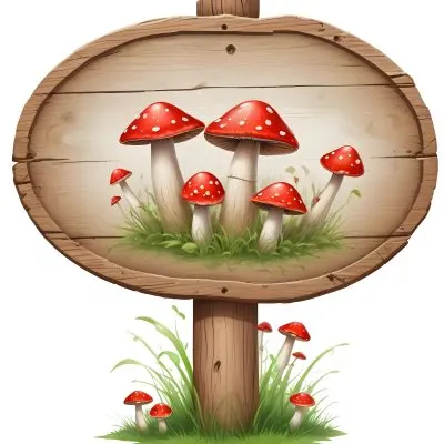 A Wooden Sign With An Oval Shape On A Wooden Pole Surrounded By Green Grass And Small Red Mushrooms Isolated On A White Background 39 D96a