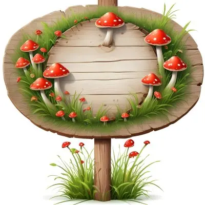 A Wooden Sign With An Oval Shape On A Wooden Pole Surrounded By Green Grass And Small Red Mushrooms Isolated On A White Background 8 Cd32