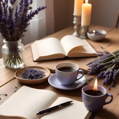 A Wooden Table With A Notebook A Pen A Cup Of Coffee And Some Lit Candles In The Background There Is A Vase With Dried Lavender Flowers The Scene Is Set In Daylight With Soft Natural Light 4 760d