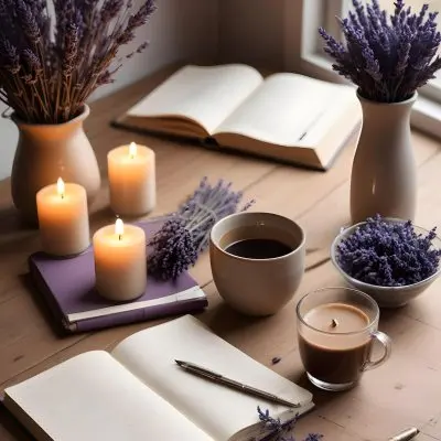 A Wooden Table With A Notebook A Pen A Cup Of Coffee And Some Lit Candles In The Background There Is A Vase With Dried Lavender Flowers The Scene Is Set In Daylight With Soft Natural Light 5 D039
