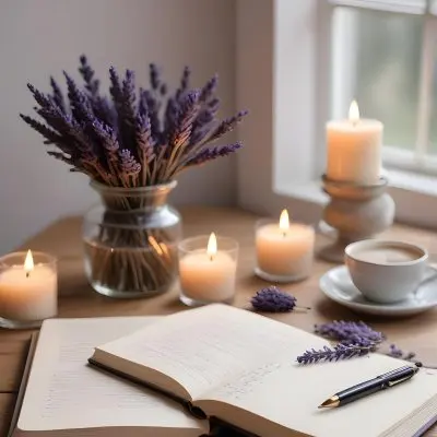 A Wooden Table With A Notebook A Pen A Cup Of Coffee And Some Lit Candles In The Background There Is A Vase With Dried Lavender Flowers The Scene Is Set In Daylight With Soft Natural Light 6 E590