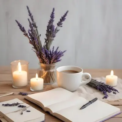 A Wooden Table With A Notebook A Pen A Cup Of Coffee And Some Lit Candles In The Background There Is A Vase With Dried Lavender Flowers The Scene Is Set In Daylight With Soft Natural Light 7 Df76