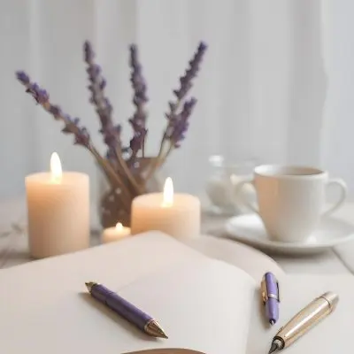 A Wooden Table With A Notebook A Pen A Cup Of Coffee And Some Lit Candles In The Background There Is A Vase With Dried Lavender Flowers The Scene Is Set In Daylight With Soft Natural Light 8 5dc5