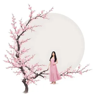 A Young Asian Woman With Long Black Hair Wearing A Pink Dress Standing In Front Of A White Background With Pink Cherry Blossom Flowers 2 5273