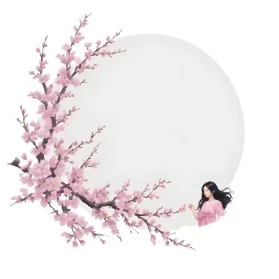 A Young Asian Woman With Long Black Hair Wearing A Pink Dress Standing In Front Of A White Background With Pink Cherry Blossom Flowers 3 5bfd