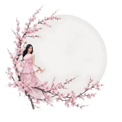 A Young Asian Woman With Long Black Hair Wearing A Pink Dress Standing In Front Of A White Background With Pink Cherry Blossom Flowers 4 B350