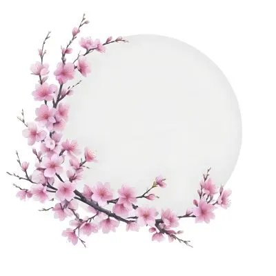 A Young Asian Woman With Long Black Hair Wearing A Pink Dress Standing In Front Of A White Background With Pink Cherry Blossom Flowers 8 D5e3