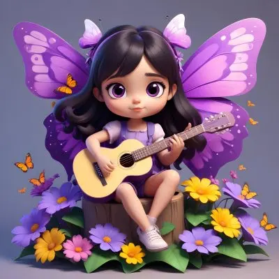 A Young Girl With Curly Dark Hair And A Purple Bow Wearing A Purple Dress Sitting On A Bed Of Colorful Flowers And Surrounded By Butterflies She Is Holding A Guitar And Appears To Be Playing Music 12 2661