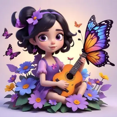A Young Girl With Curly Dark Hair And A Purple Bow Wearing A Purple Dress Sitting On A Bed Of Colorful Flowers And Surrounded By Butterflies She Is Holding A Guitar And Appears To Be Playing Music 15 7d0d