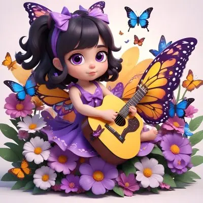 A Young Girl With Curly Dark Hair And A Purple Bow Wearing A Purple Dress Sitting On A Bed Of Colorful Flowers And Surrounded By Butterflies She Is Holding A Guitar And Appears To Be Playing Music 17 4aa1